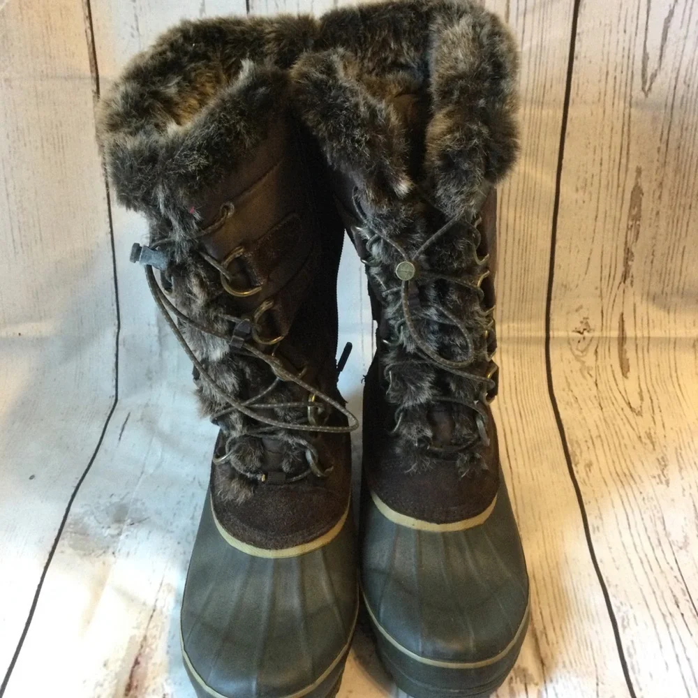 Lands End Women's Warm Brown Fabric & Suede Fur-Lined Winter Boots Zip Size 8.5
